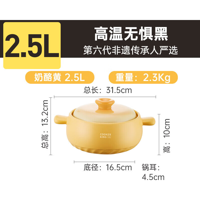 炊大皇（COOKER KING）砂锅煲家用耐高温干烧不裂燃气灶专用炖煲汤沙锅陶瓷锅石锅 【  适用1~3人】非遗传承  抗黑抗裂 2500ml