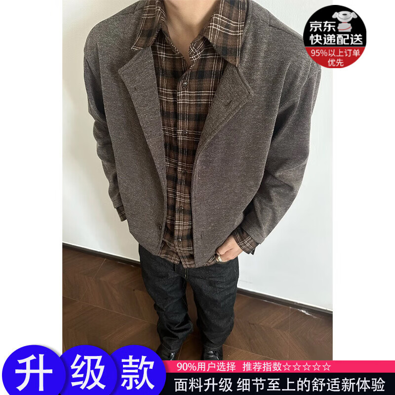 轩森图（XUANSENTU）咖色美式复古假两件衬衫外套男款秋季感慵懒风格纹开衫针织衫潮 咖色【升级款】 90%买家选择 2XL 150-165斤