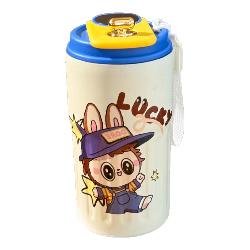网红新款保温杯儿童吸管水杯不锈钢高颜值双饮可爱学生便携专用 拉布兔小咖啡杯【Lucky蓝色】450ML温显