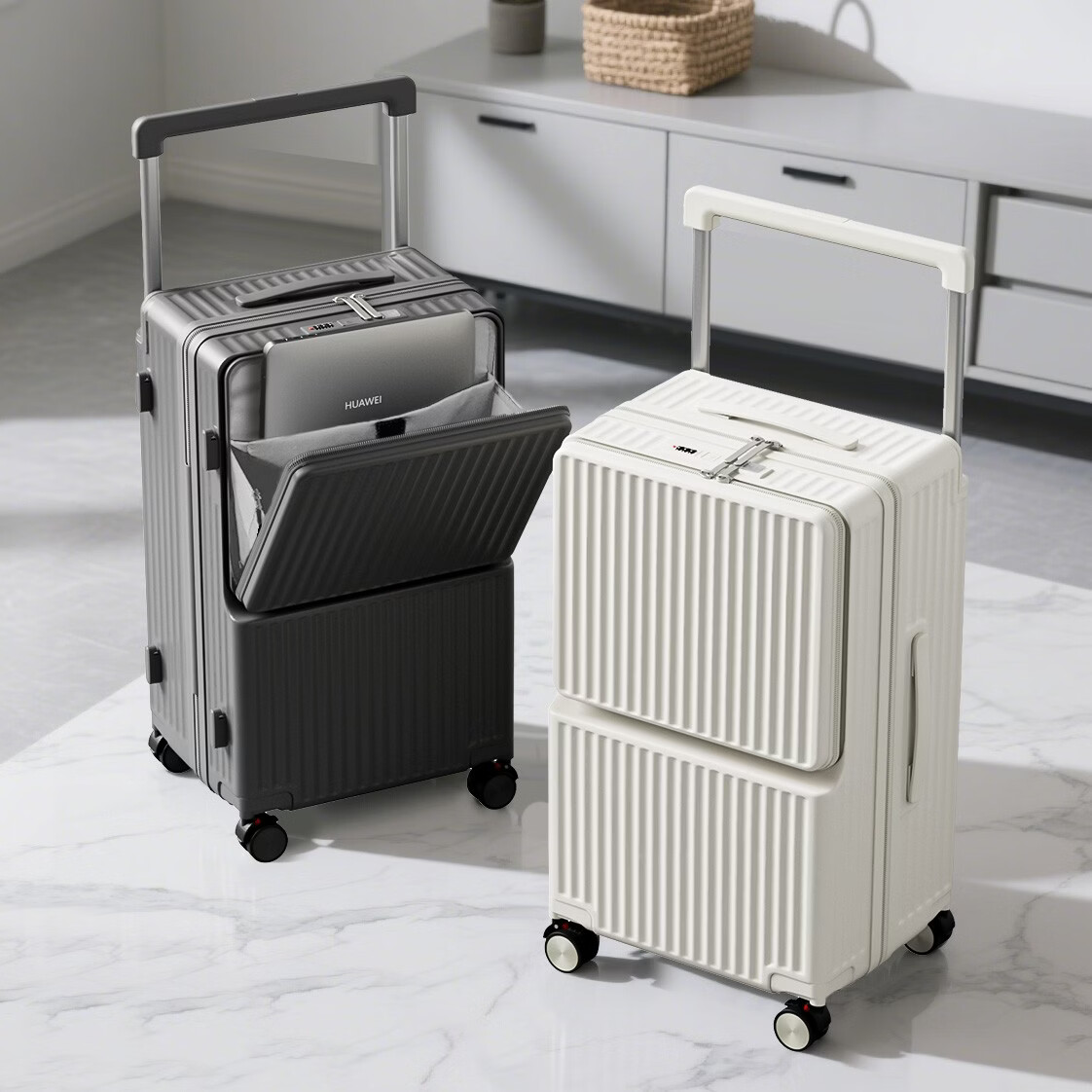 麦意森新款前开口宽拉杆行李箱桃皮绒内里旅行箱大容量5轮拉杆箱 曜石黑 30寸(5轮)