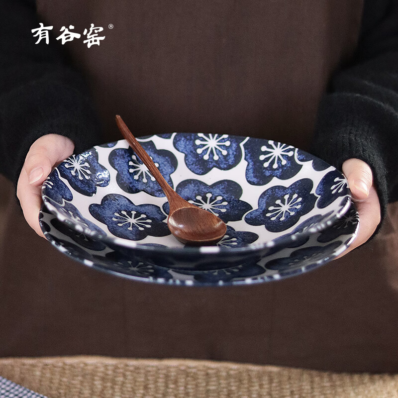 有谷窑日本进口月濑梅碗盘日式餐具简约高颜值釉下彩盘子精致碗陶瓷盘子 月濑梅 轻量23cm盘
