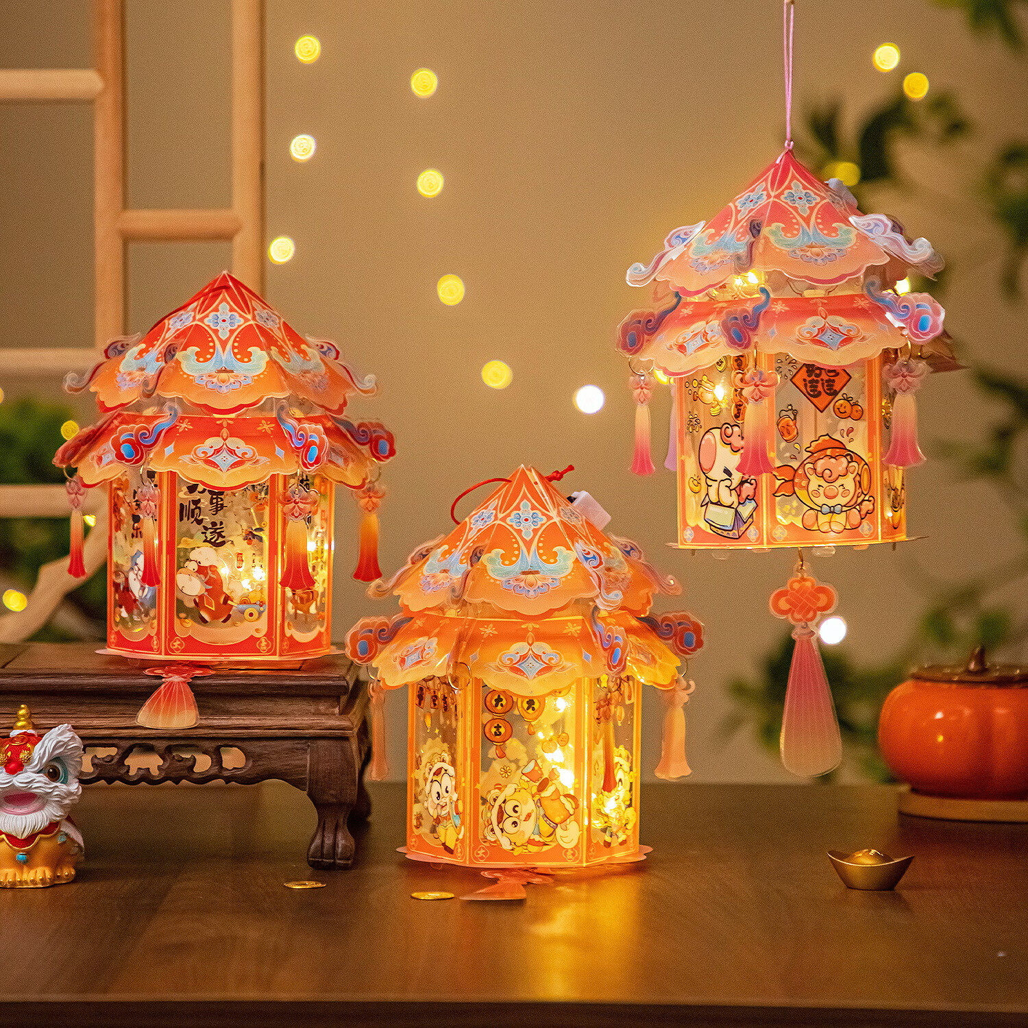 彩虹房子春节新国潮灯笼手工diy儿童制作材包料非遗元旦古风花灯 新年宫灯随机1个装