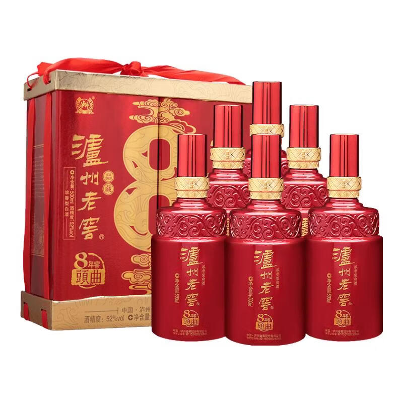 泸州老窖 八年窖头曲 品藏 浓香型白酒 52度 500ml*2*3 礼盒整箱指数 52度 500mL 6瓶 箱装