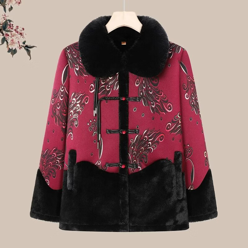 【新中式冬装】中老年妈妈加厚外套奶奶秋冬加绒棉衣老人衣服太太 红色【加绒加厚】 XL (建议85-100斤左右)