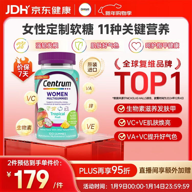 善存海外 女士软糖复合维生素 B族生物素叶酸锌碘钠护发肤甲 100粒/瓶