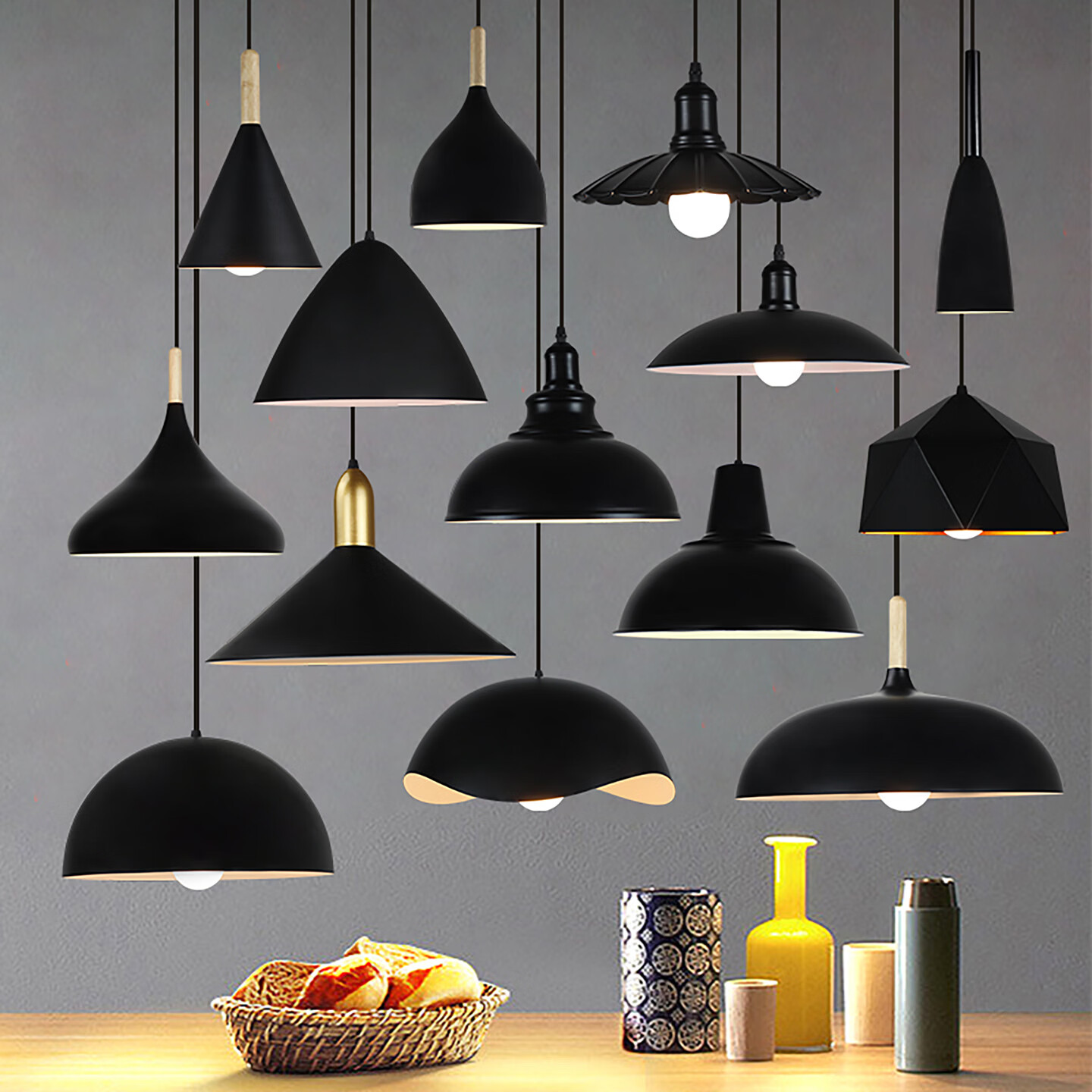 振牛餐厅吊灯现代简约工业风商用吊灯复古美式餐桌咖啡厅吧台单头灯罩 【黑色A款】直径24cm送15W灯泡