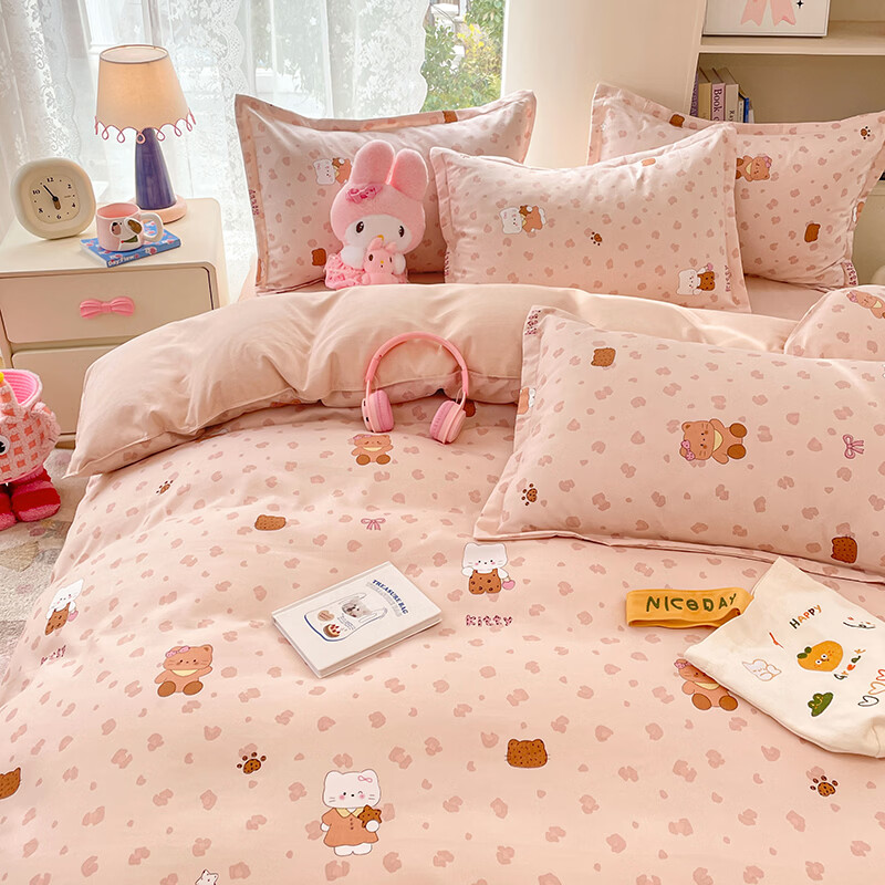 雅鹿小清新碎花四件套活性印花床单被套枕套淑女学生宿舍三件套被罩 甜喵语 1.2m三件套 床单款 （被套150*200cm）