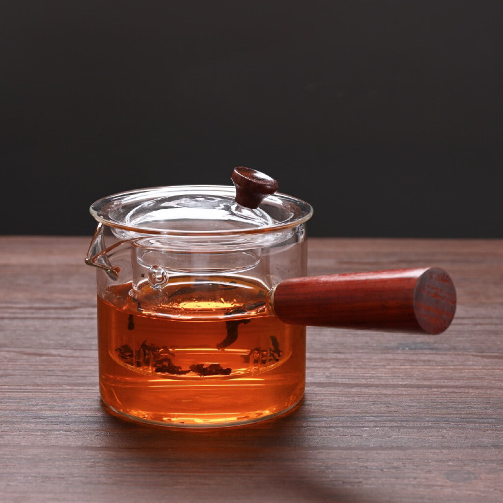 【厂家直销】现货高硼硅耐热加厚直觉侧把煮茶壶功夫茶具套装木把 透明直觉单壶