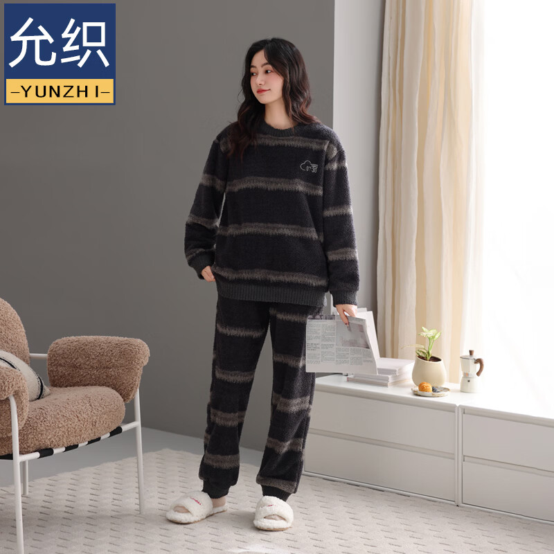 允织睡衣女士冬季半边绒加绒加厚套头女款高级感可外穿女款家居服套装 82804-暖灰咖 M (160) ：建议90-110斤穿着