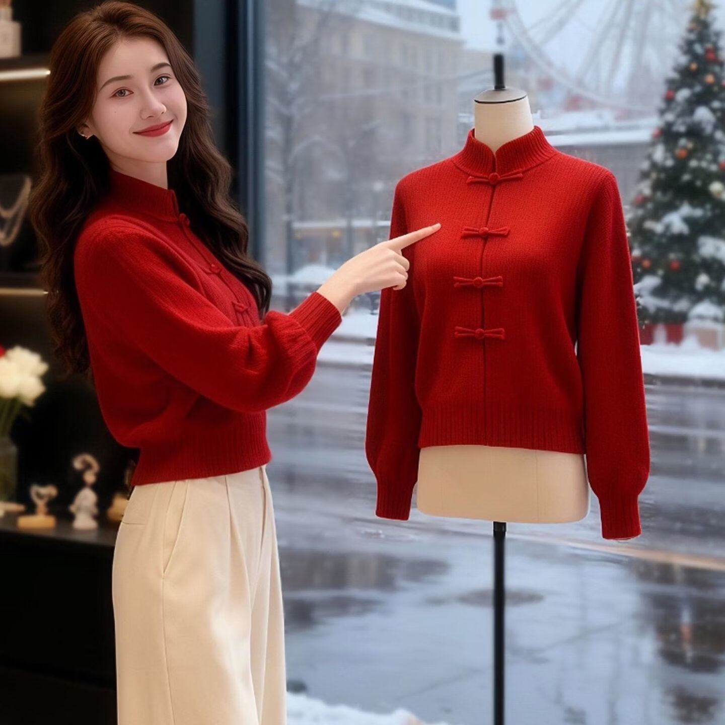 新中式国风立领盘扣毛衣女秋冬新年红色灯笼袖打底针织衫上衣外套 红色 2XL 建议125-135斤
