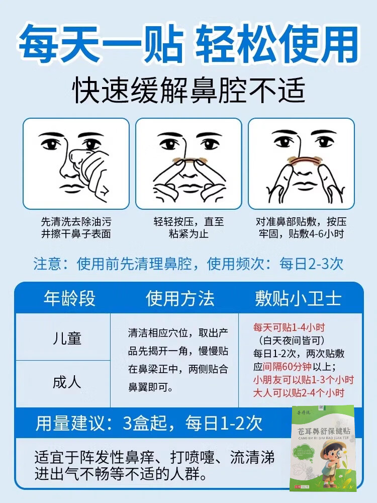 落羽希普丹沅鼻通贴元苍耳鼻舒保健贴婴幼儿打鼾鼻塞成人可用 两盒装