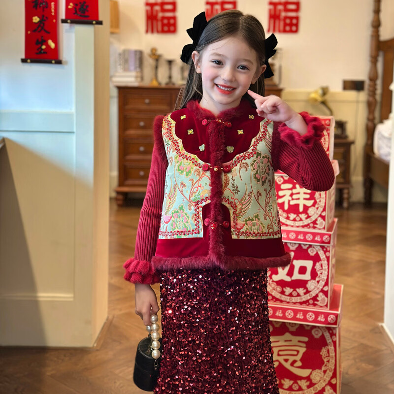 栀了成长记童装女童红色唐装上衣2025冬季儿童国风拜年服夹棉马甲 红色 马甲 100