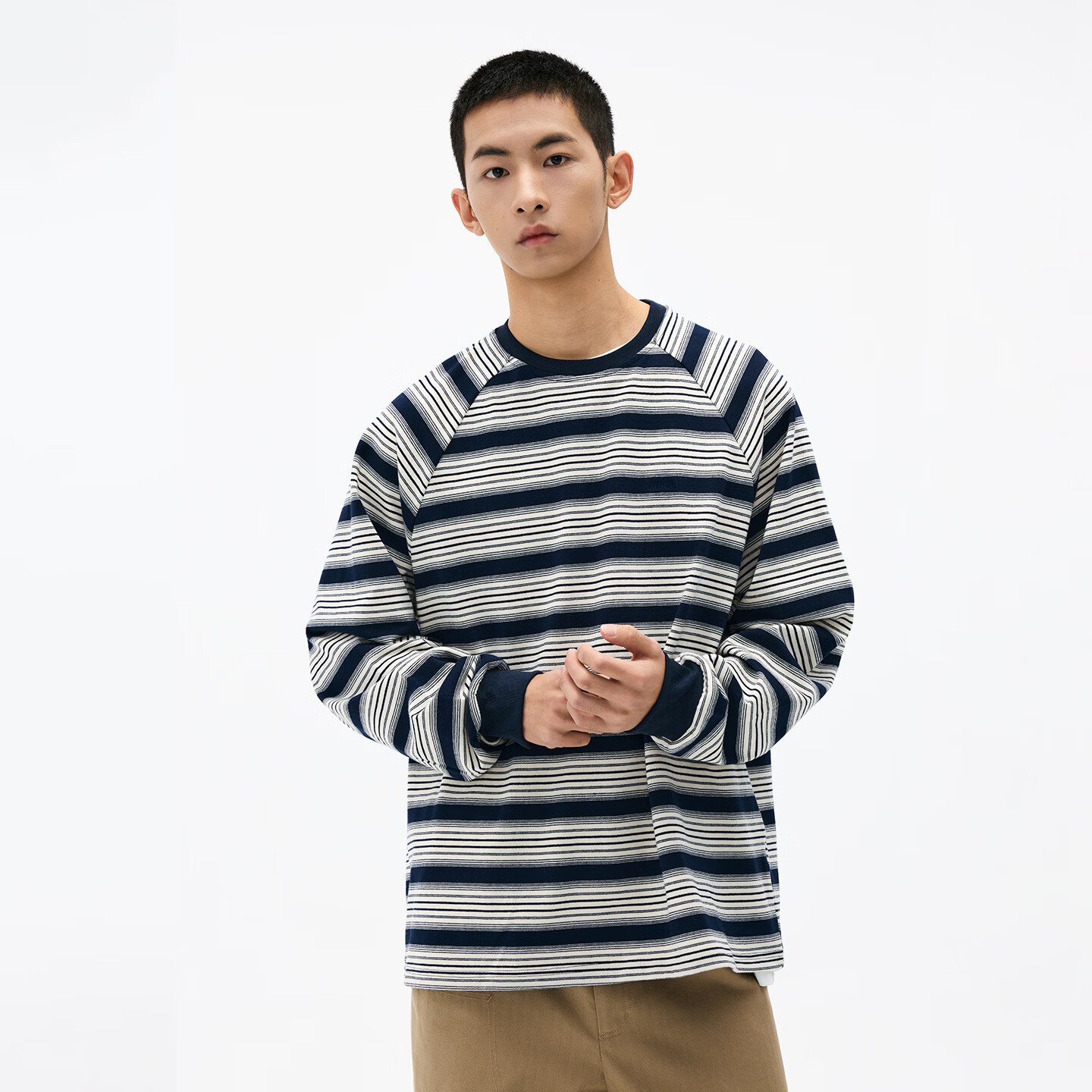 熊猫·本（ben.panda）纯棉撞色条纹圆领长袖T恤男款通勤宽松休闲上衣2026春季 藏青条纹 S
