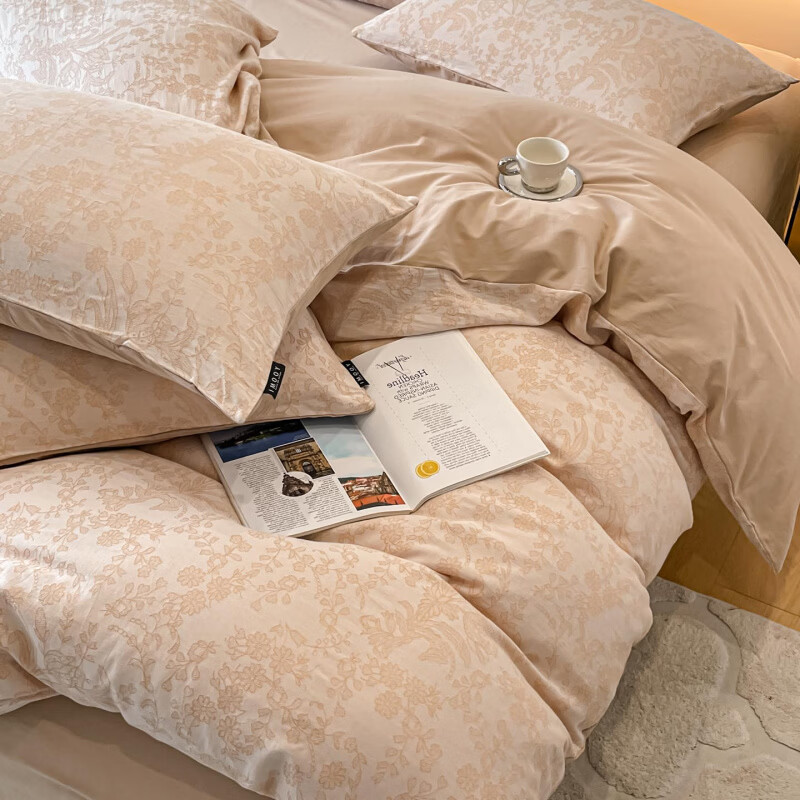 水星家纺床上四件套纯棉磨毛被套被罩加厚床单笠款三件套轻奢床品 韵绣 床笠款 1.8m四件套