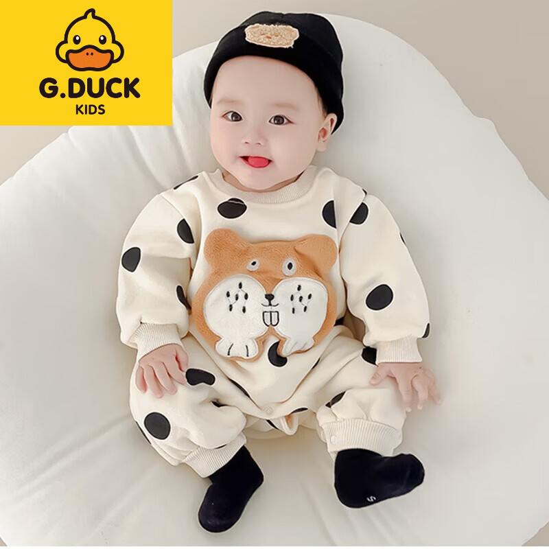 G.duck加绒保暖纯棉男女宝宝连体衣春装秋冬季新生婴儿衣服睡衣外套出穿 白色波点狗 加绒 73