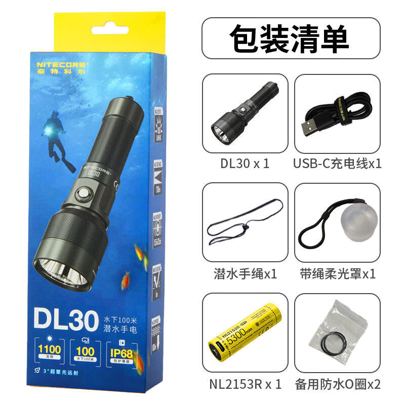 奈特科爾防水手電筒強光潛水充電遠射手電2025新 DL30