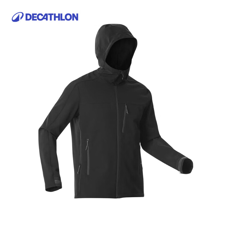 迪卡侬户外休闲衣户外徒步软壳衣防泼水加绒冲锋衣内胆新款MT500男款 经典黑 L