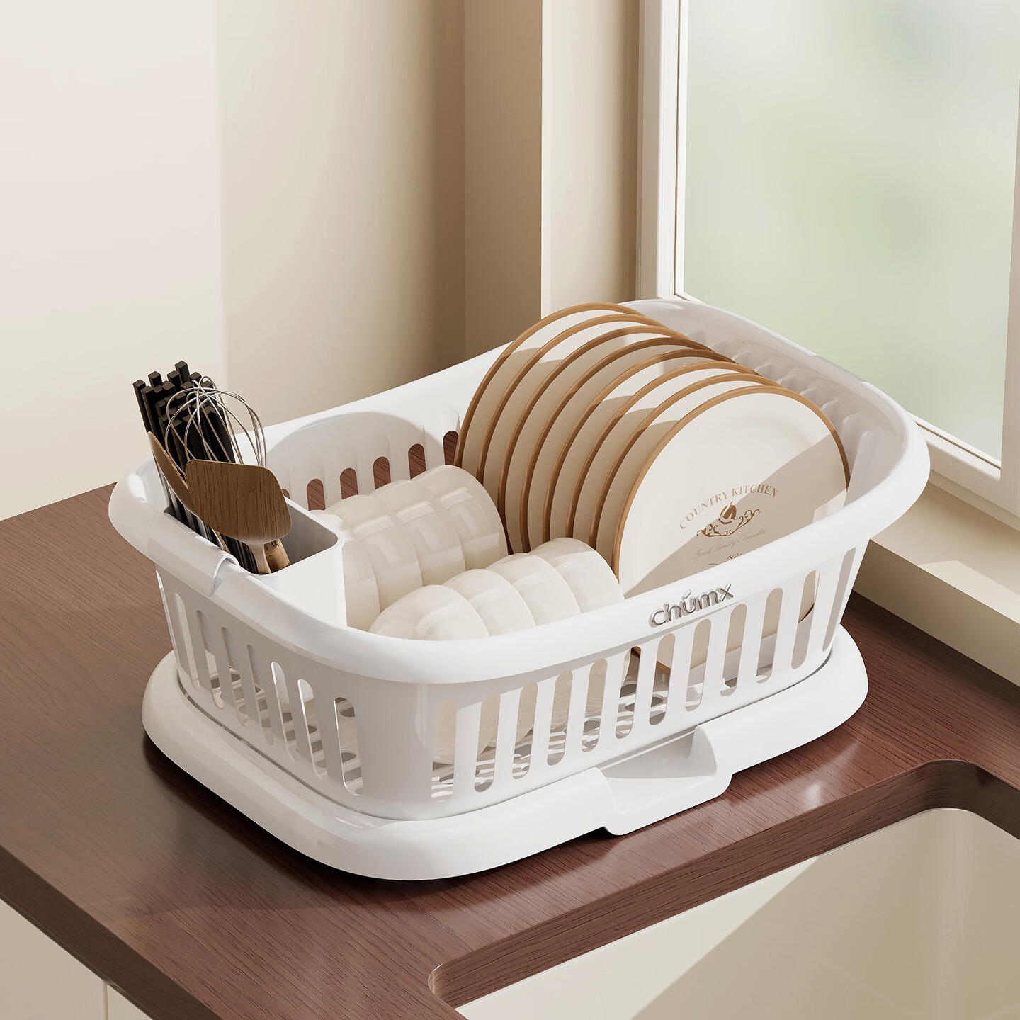 橱明星碗筷收纳盒塑料沥水篮厨房家用带盖多功能放碗碟盘碗柜餐具收纳架 沥水碗架-优雅白