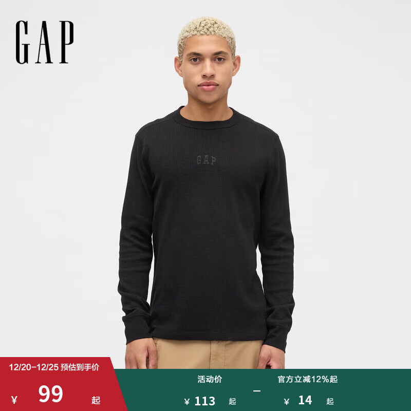 GAP男女装2025秋季新款LOGO华夫格长袖T恤休闲常规上衣美版 黑色 L 美码 XL亚洲码185/104A