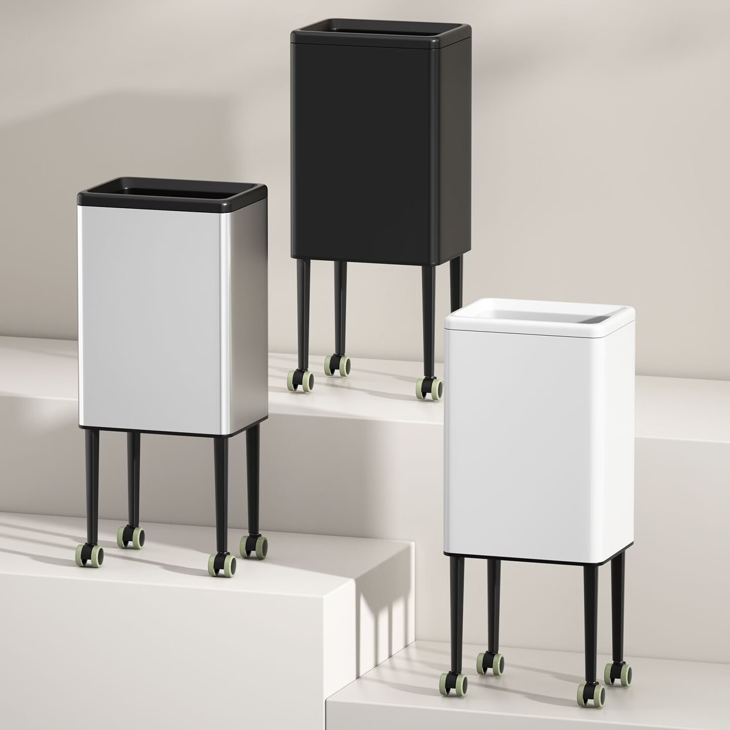 帝梵厨房垃圾桶带滑轮轮子家用可移动卫生间卧室大容量厨房客厅带盖 15L砂钢银丨按压式【高脚带轮】