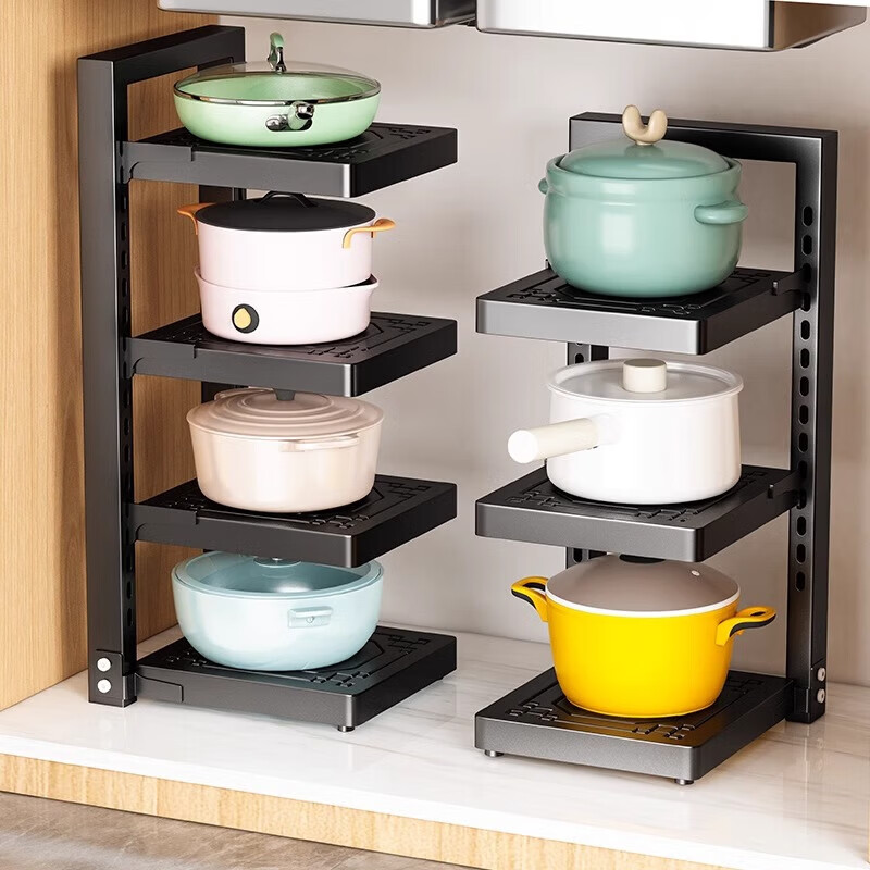 馨婺家厨房锅架置物架下水槽多层收纳架子台面分层放锅具可调节多功能架 黑色-2层【升级加厚】