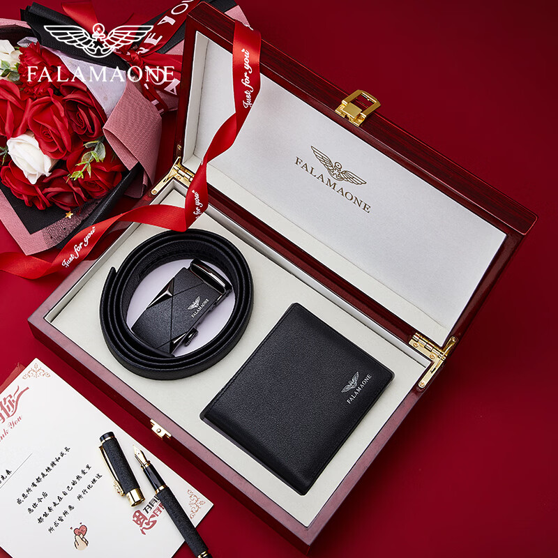 FALAMAONE法莱阿玛尼短款男士钱包真皮商务头层牛皮情人节礼物送男朋友老公 钱包皮带套装二【实木礼盒】 代写贺卡打印照片联系客服