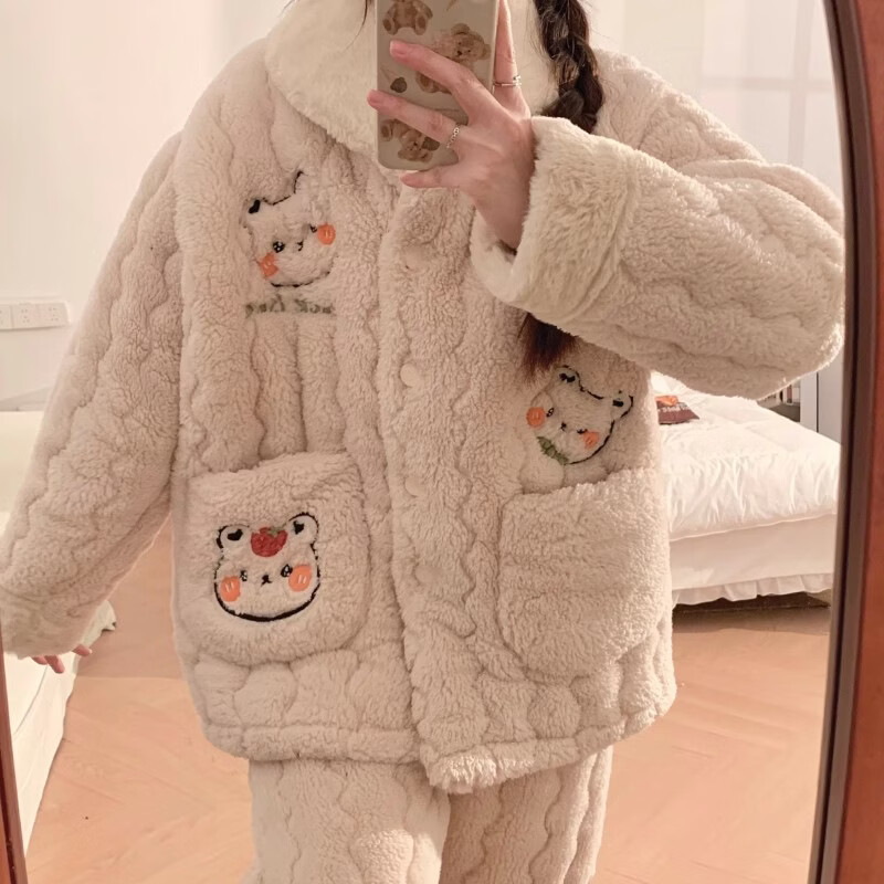 缪黛 MAULTIAY秋冬季三层夹棉睡衣女款珊瑚绒加厚加绒卡通小熊冬天法兰绒家居服 限时秒杀 《少量现货》 M