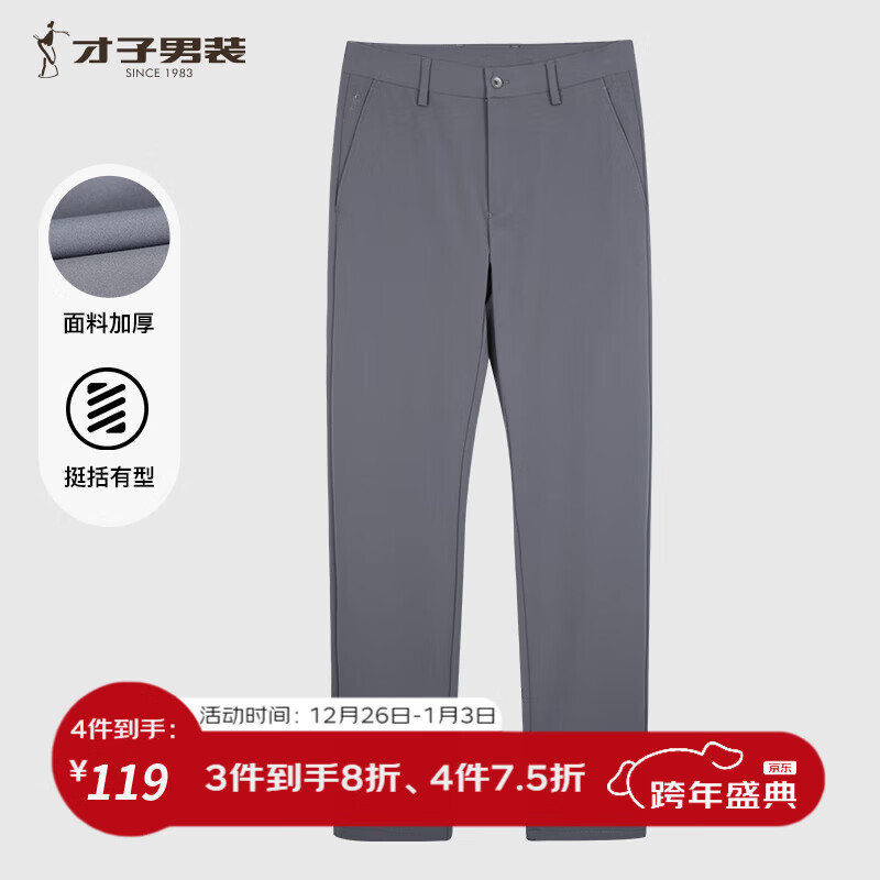 才子（TRIES）男士商务休闲裤秋冬新款百搭垂顺直筒裤加厚弹力西装裤男长裤 灰色 33 84cm