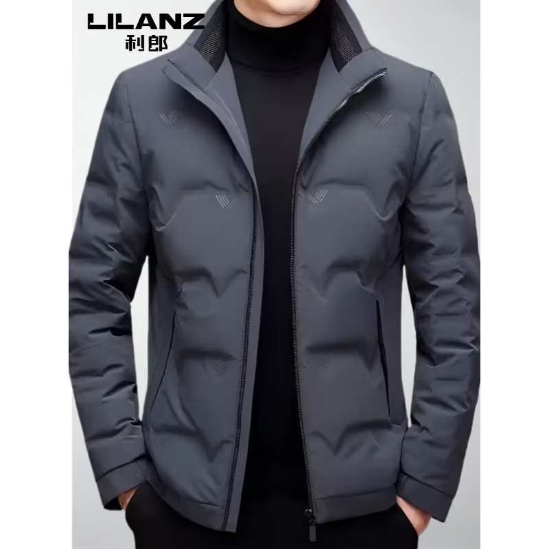 LILANG鹅绒服男冬季新款高端鹅绒立领保暖中年短款男装外套 灰色 3XL 190