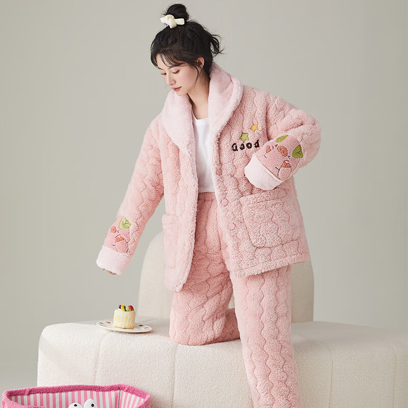 缪黛 MAULTIAY珊瑚绒冬季睡衣女保暖加厚加绒三层夹棉袄秋冬款套装法兰绒家居服 限时秒杀 《少量现货》 M