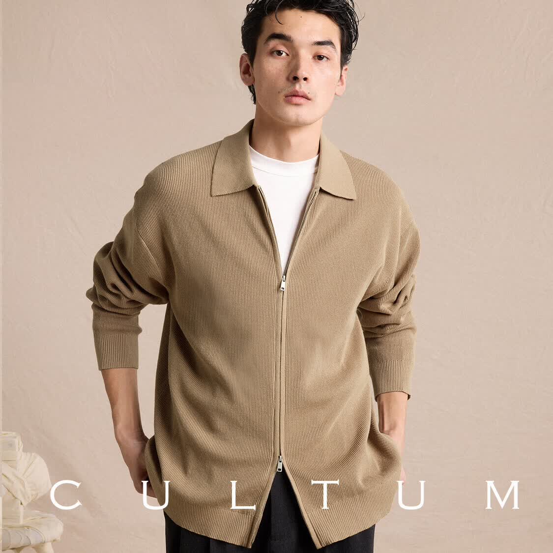 CULTUM【100纯棉】宽松男士针织衫拉链翻领休闲长袖T恤开衫毛衣上衣外套 深卡其 3XL