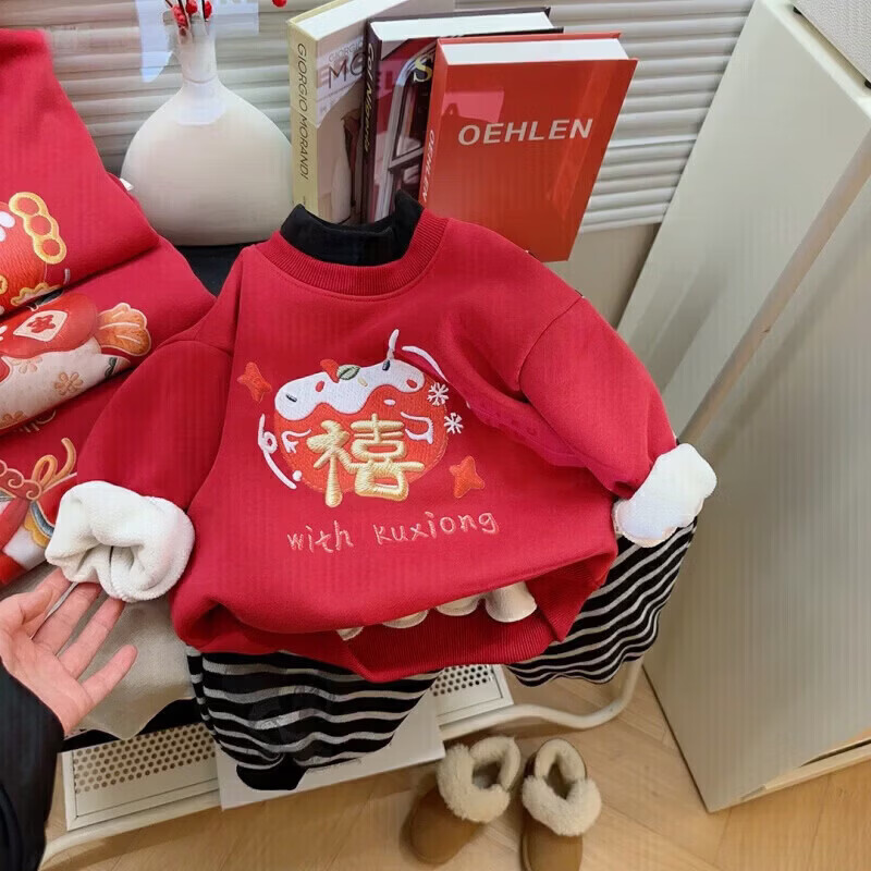 小猪班纳（PEPCO）冬季女童裤子新款洋气休闲刺绣加绒加厚宝宝阔腿保暖长裤儿童卫裤 马年卫衣-马上平安 【加绒】 110 【建议身高95-105】