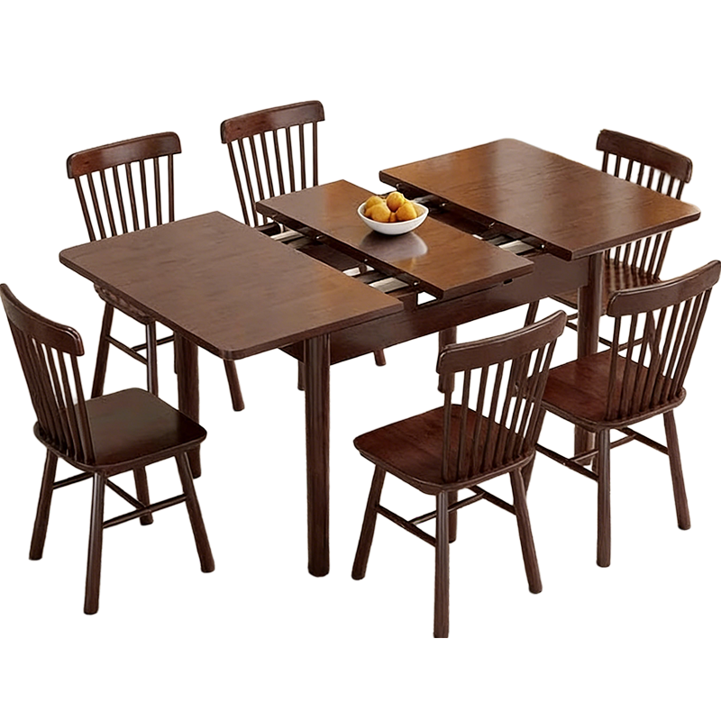 中偉實木折疊桌餐桌椅子全套家用客廳伸縮餐桌1.3米+溫莎椅*4 胡桃色