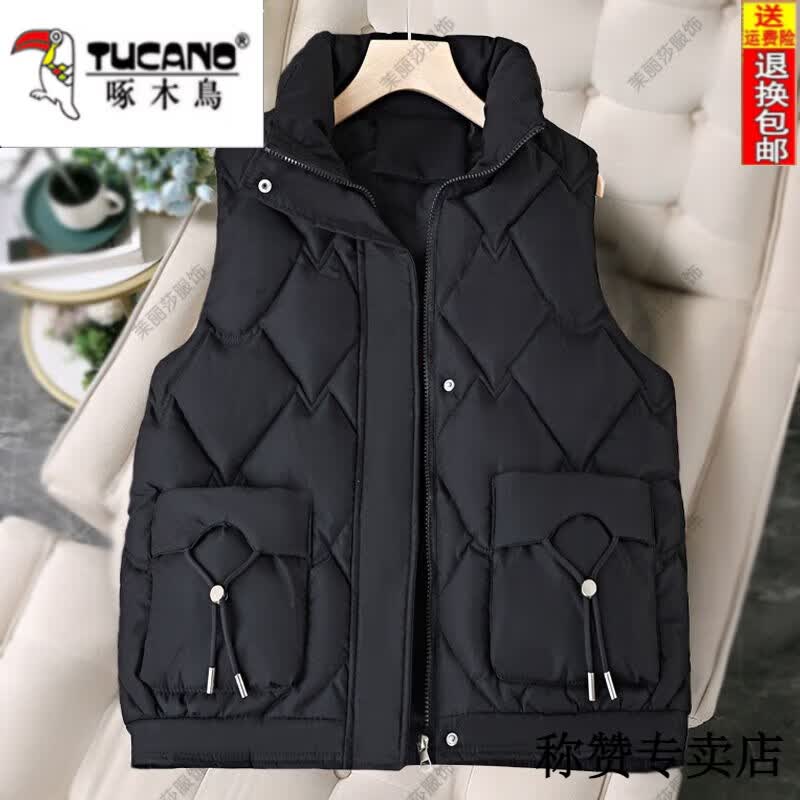 啄木鸟（TUCANO）时尚新款羽绒棉马甲女短款秋冬女士洋气马夹小个子保暖坎肩外套潮 黑色 2XL  140-160斤