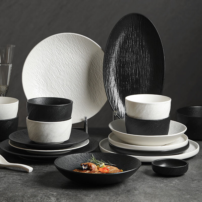 yomerto陶瓷饭碗家用2025新款特别好看的碗高级感餐具盘子碗套装汤碗面碗 12寸石纹鱼盘黑SP5954