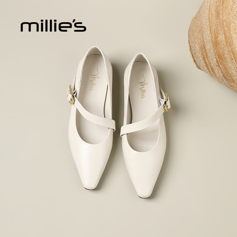 妙丽（Millies）玛丽珍鞋女粗跟时尚浅口潮流气质2026春季新款百搭配裙子单鞋 米色 36 (230mm) 标准码