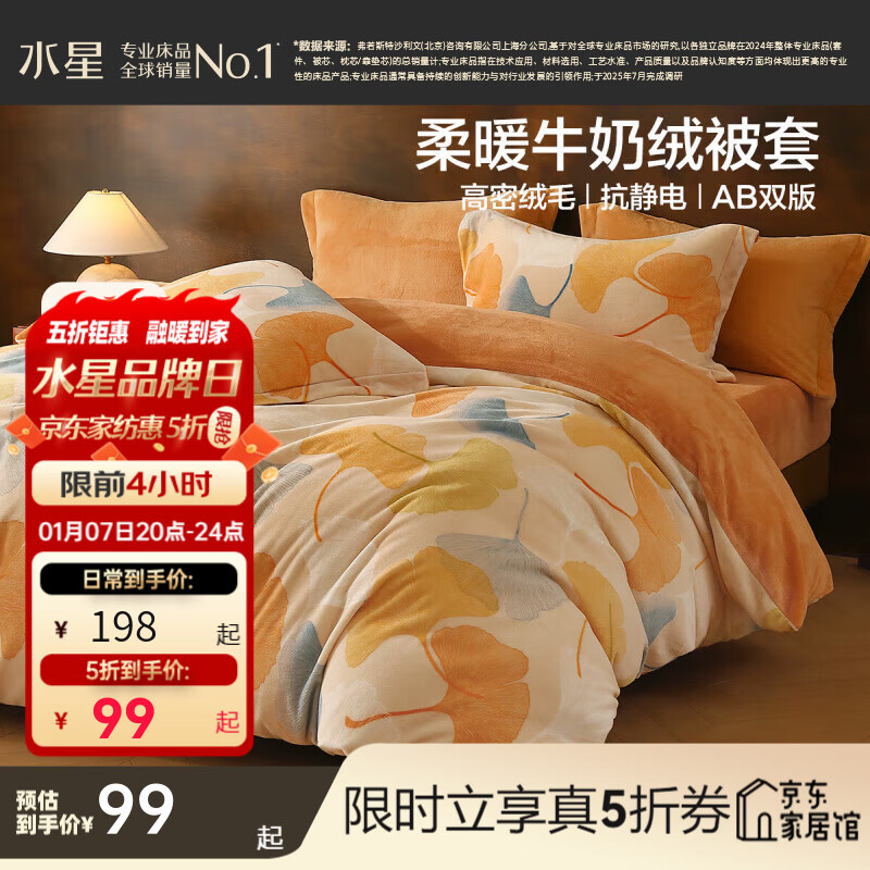 水星家纺被套单件 A类牛奶绒加厚抗静电被套 秋冬保暖宿舍暖绒被套被罩 北欧叶梦然【A类/双面牛奶绒】 150cm*210cm