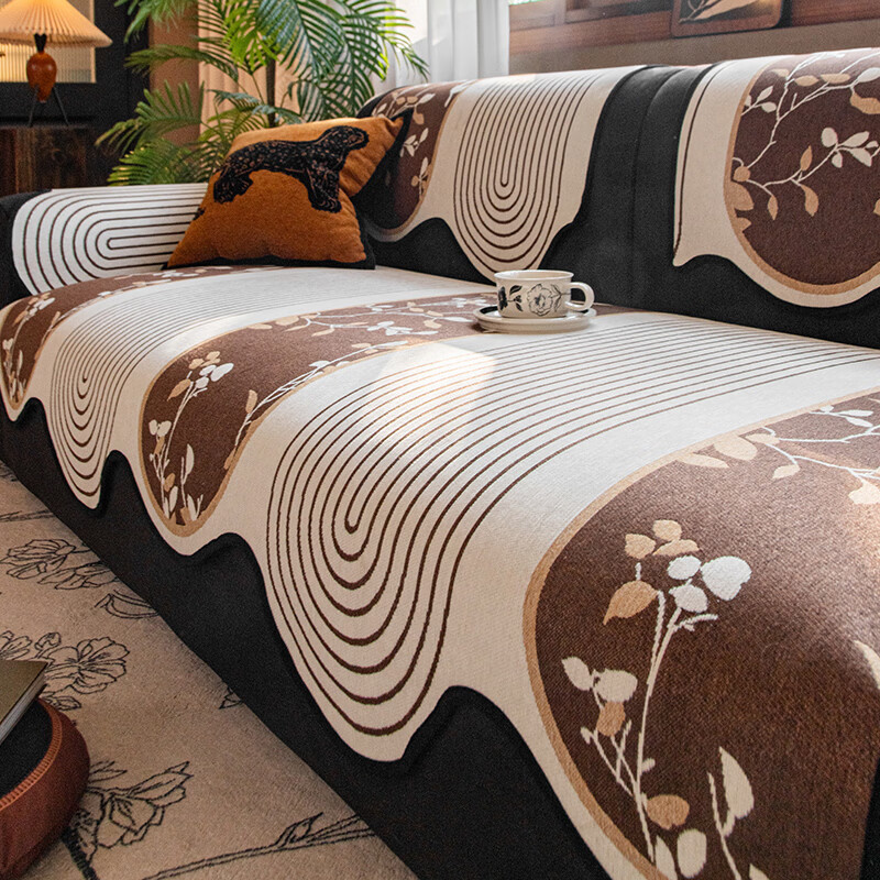 缔卓怡复古高级感沙发垫四季通用异形坐垫套罩一片式防滑防猫抓盖布巾 异形拱门-浅咖 70cm*70cm