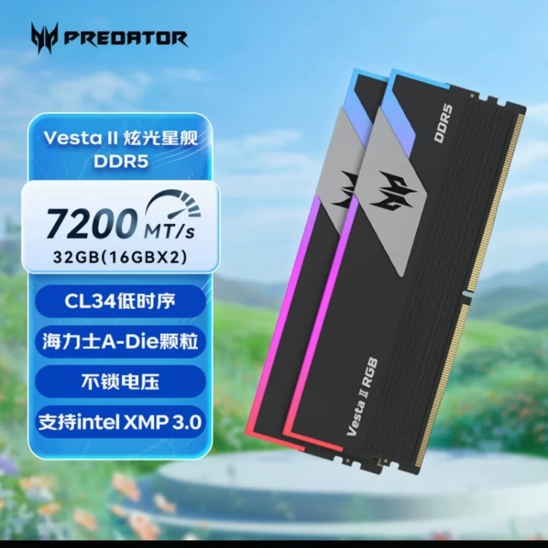 宏碁掠夺者炫光星舰6000c28/6400c32/6800c32/7200c34 32G/64G游戏RGB灯条 炫光7200c34 16g*2 黑