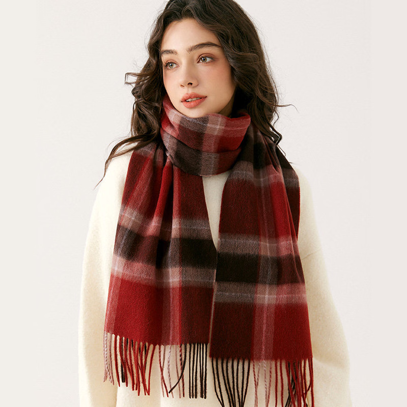 BGUG100%羊毛围巾女秋冬季红色加厚保暖围脖送女朋友老婆新年生日礼物 红色格子【轻奢高档礼盒装】 送女生闺蜜实用款