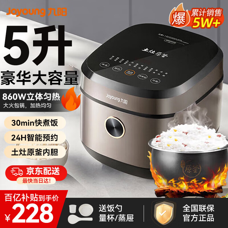 九阳（Joyoung） 电饭煲5L大容量家用电饭锅加厚土灶原釜预约多功能煮饭锅推荐5-8-10人 50FY808【5L全息触控大容量断货款】 5L