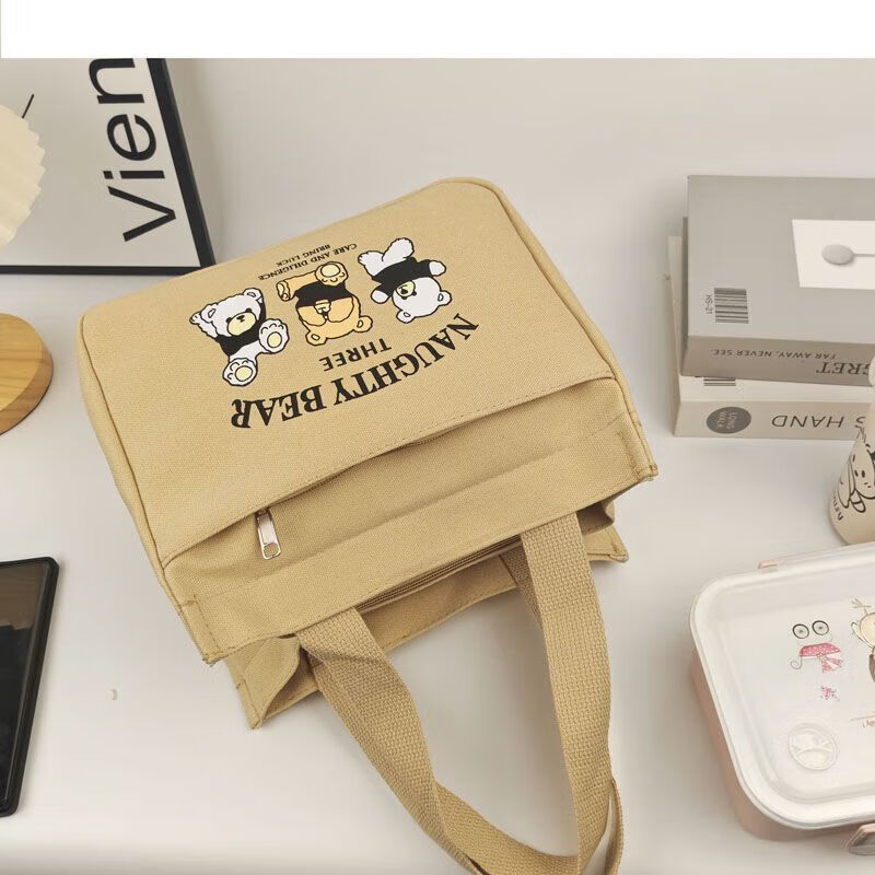 橙央新款帆布手提包帆布大容量简约上班族学生百搭饭盒妈咪上班便当袋 小猫手提斜挎包