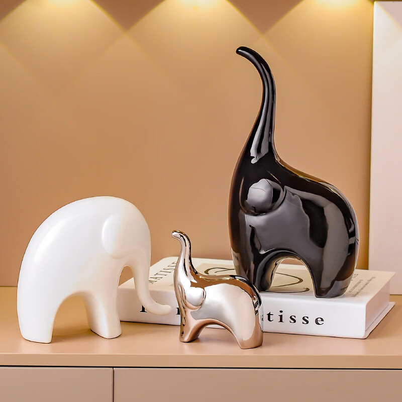 OYKTN大象摆件轻奢高档客厅酒柜电视餐边柜斗柜办公室高级感小众装饰品 一家三口大象摆件（黑白色）