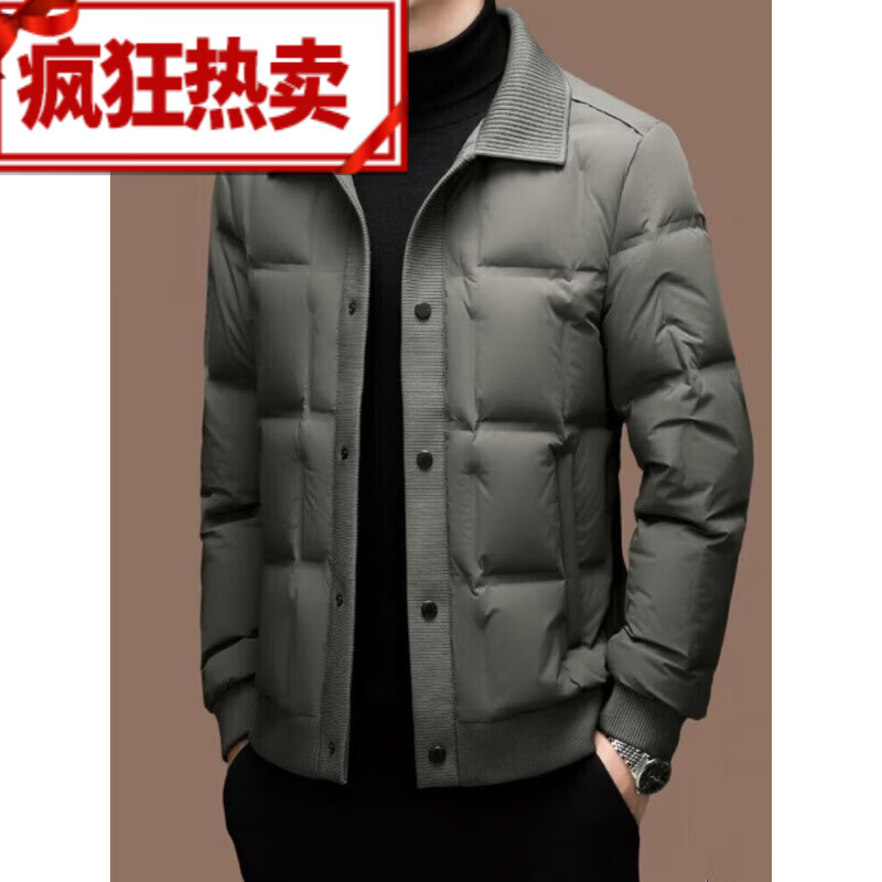 范西奢羽绒服男款2025年新款冬季新款轻薄保暖翻领外套男士休闲上衣男 灰绿 L 175