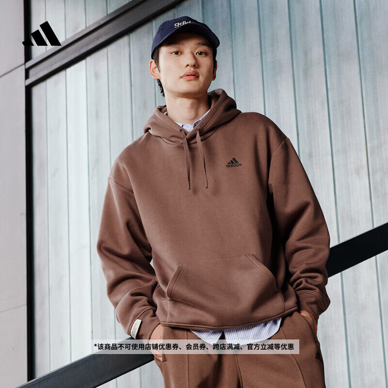 adidas情侣加绒加厚宽松连帽长袖套头卫衣男女秋冬阿迪达斯轻运动 岩层深土地棕/黑色   M  