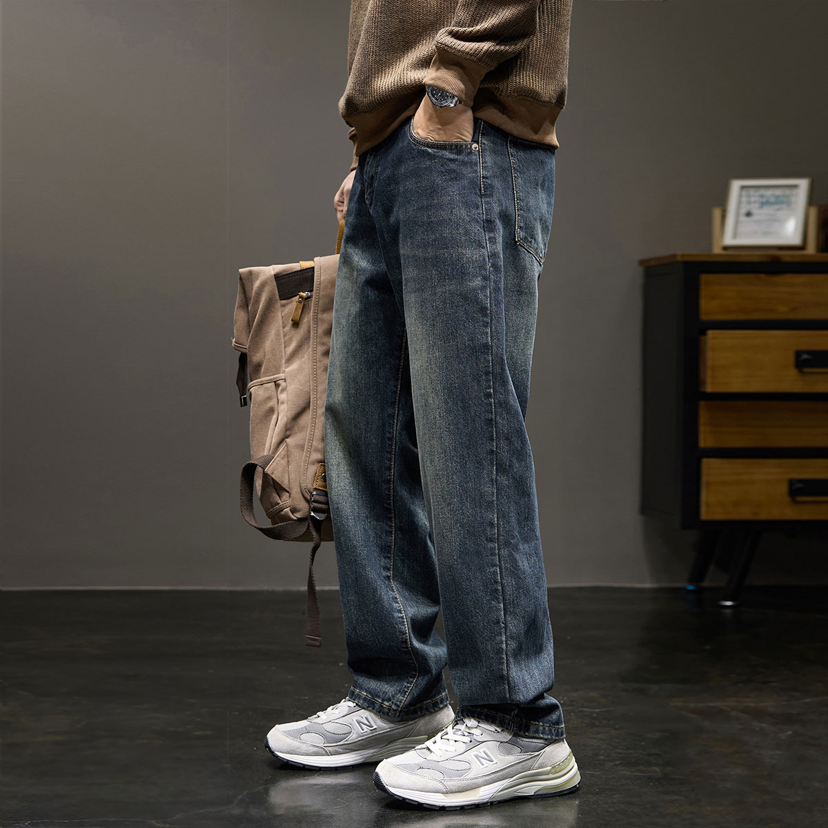 新百伦高端复古直筒牛仔裤男士春秋冬季新款美式长裤子男宽松阔腿男裤 5610蓝色 常规 33 码【建议155-165斤】