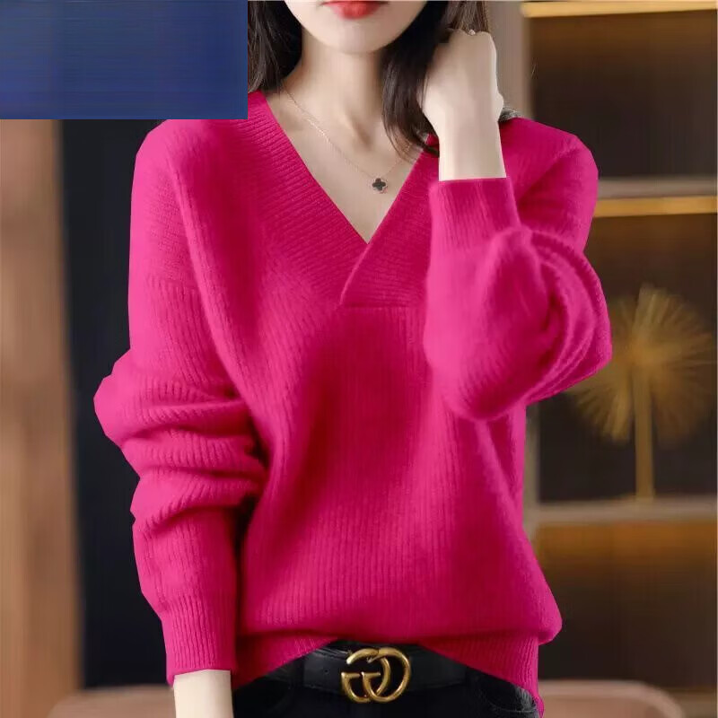 啄木鸟（TUCANO）2025外穿羊毛衫秋冬季新款纯色V领针织衫女宽松显瘦针织套头毛衣 玫红色 3XL