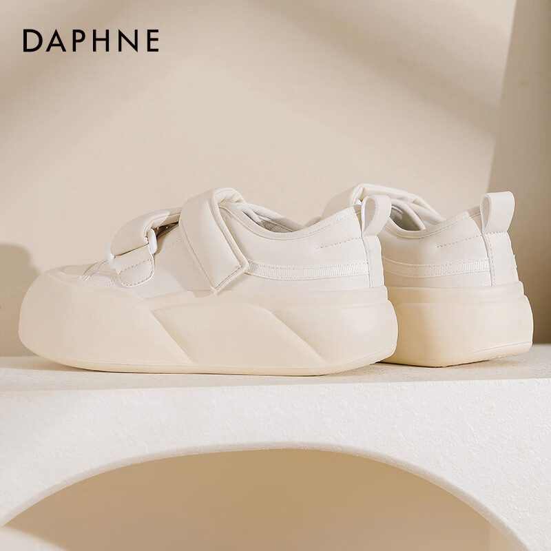 达芙妮厚底小白鞋女2025秋冬新款女鞋软萌大头鞋子女增高百搭板鞋JL 米白色【魔术贴-跟高4cm】 40