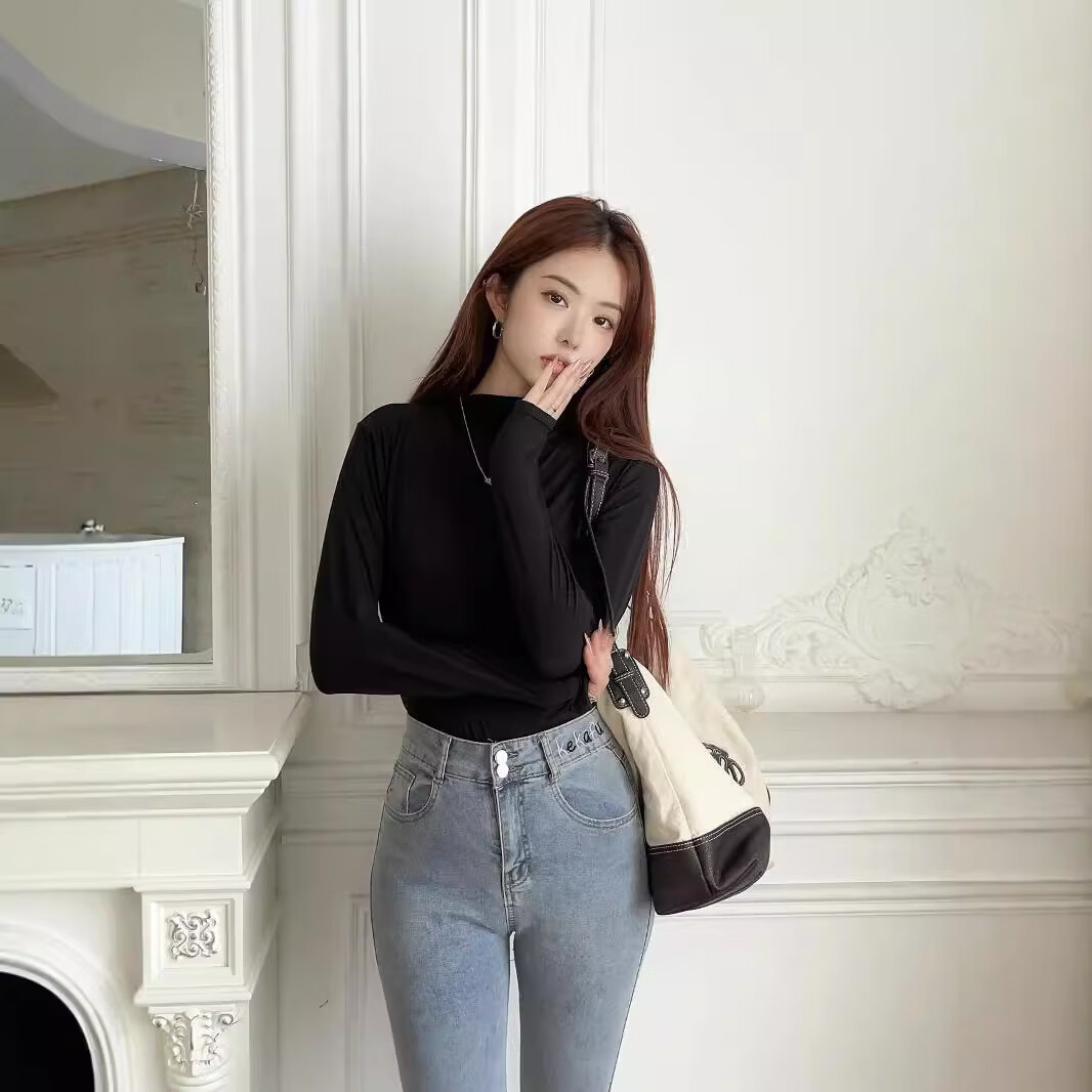 【精选】九色半高领面膜打底衫女春秋莫代尔女士亲肤修身百搭上衣 黑色 L 【80-110斤】