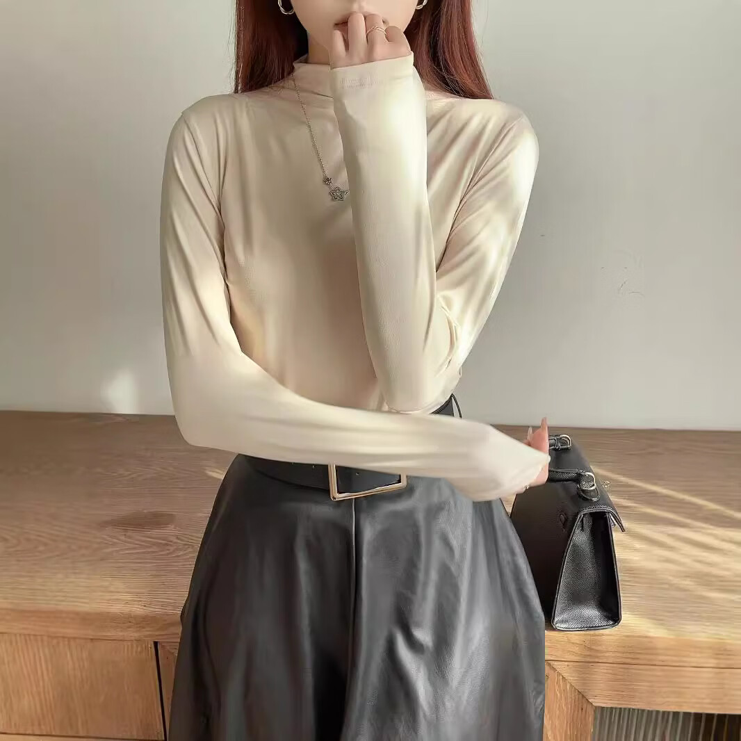 【精选】九色半高领面膜打底衫女春秋莫代尔女士亲肤修身百搭上衣 黑色 L 【80-110斤】